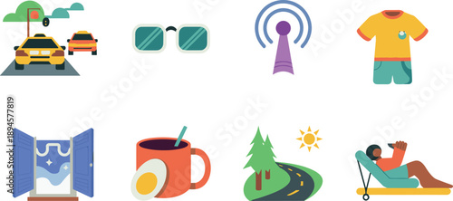 Flat lifestyle icon set illustration, travel fashion relaxation communication morning routine symbols, colorful modern vector design, daily activities concept