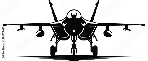 Military fighter jet front view silhouette illustration, modern combat aircraft on runway, aviation defense concept, black vector artwork