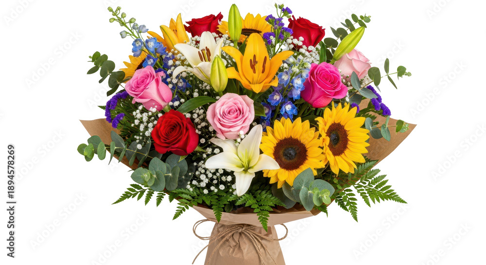 Obraz premium Vibrant Mixed Flower Bouquet with Sunflowers and Roses Wrapped in Brown Paper isolated PNG with Transparent Background