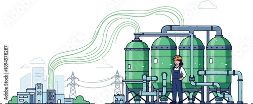 Industrial engineer inspecting large green storage tanks at a processing plant facility with pipes and machinery