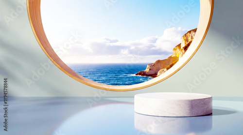 White marble podium in a modern setting with a large circular window framing an ocean vista