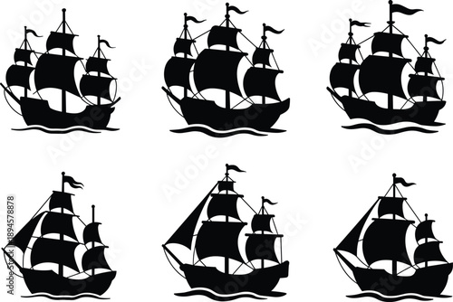 Sailing ship silhouette set, vintage pirate vessels on ocean waves, nautical maritime transport illustration, black vector ships collection