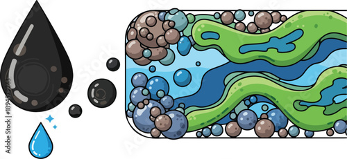 Illustration of water droplets and oil mixture flowing through a container filled with various sized pebbles and green swirls