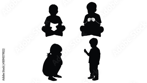Black Silhouette Set of Children Sitting and Standing, Young Boy Reading and Girl Playing Vector Icons for Family Education and Childhood (22 words)