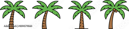Cartoon palm tree icons set, tropical coconut trees, simple flat design, beach summer nature symbols, isolated vector illustration