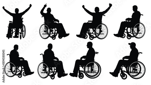 Black Silhouette Set of Disabled Men in Wheelchairs, Various Poses and Actions, Accessibility Icons, Medical Equipment, Inclusion and Diversity Vector
