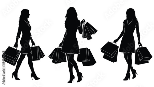 Black Silhouette Set of Fashionable Women Carrying Shopping Bags, Walking and Posing, Representing Retail Therapy, Consumerism, Sales, and Lifestyle Fashion