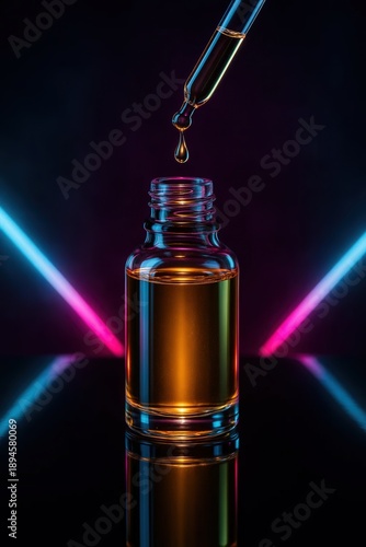 Glass skincare serum bottles on glowing neon background, modern beauty product photography, futuristic cosmetic concept lighting