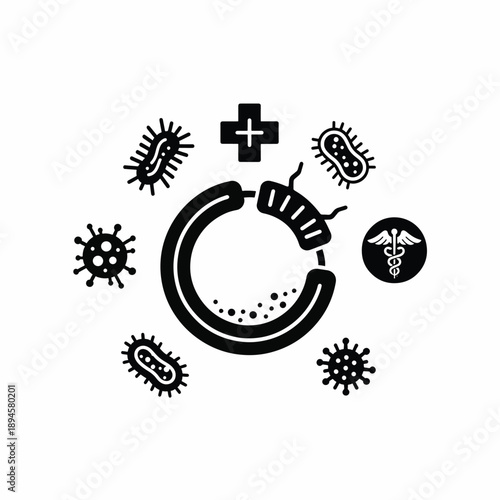 Microscopic Organisms Circulating Around Medical Symbol and Plus Sign Representing Research and Healthcare Solutions