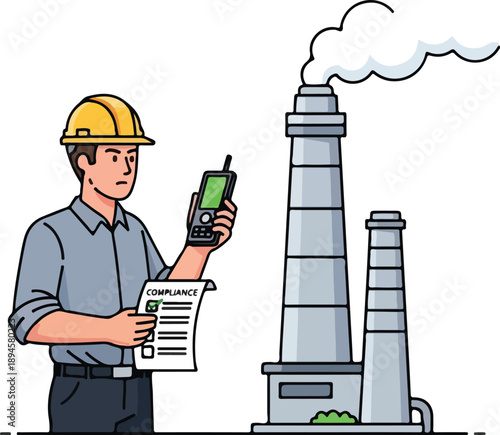 Industrial worker inspecting factory with checklist and radio device standing near smokestack illustration