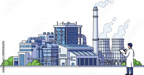 Industrial facility inspection by a scientist in a lab coat standing in front of a large industrial complex with smokestacks and machinery