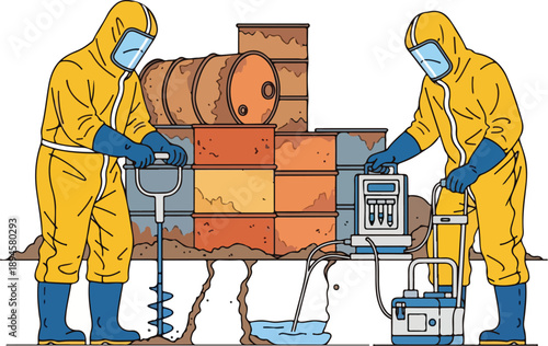 Scientists in hazmat suits sampling soil near industrial drums and machinery