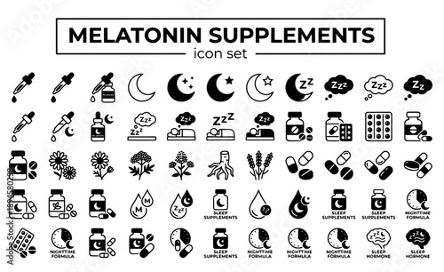 Melatonin Supplements Sleep Aid Natural Hormone Dropper Pills Moon Nighttime Formula Wellness Health Relaxation Bottle Vector Icon Set - Sleep Supplements