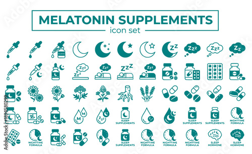 Melatonin Supplements Sleep Aid Natural Hormone Dropper Pills Moon Nighttime Formula Wellness Health Relaxation Bottle Vector Icon Set - Sleep Supplements