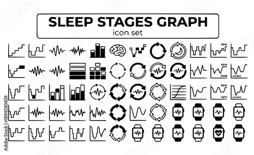 Sleep Stages Graph Hypnogram Deep Light REM Awake Cycles Architecture Analysis Monitoring Chart Wave Pattern Vector Icon Set - Sleep Analysis