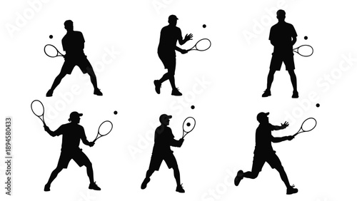 Black Silhouette Set of Male Tennis Players, Professional Athletes in Action Poses with Rackets and Balls for Sports Fitness Graphic