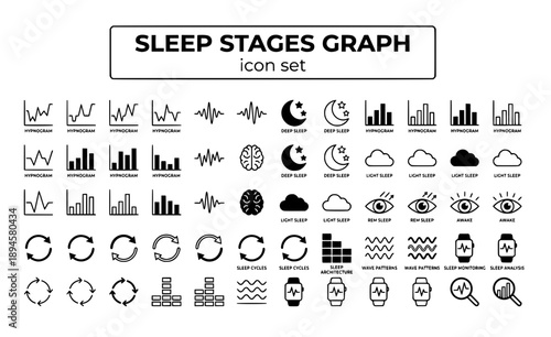Sleep Stages Graph Hypnogram Deep Light REM Awake Cycles Architecture Analysis Monitoring Chart Wave Pattern Vector Icon Set - Sleep Analysis