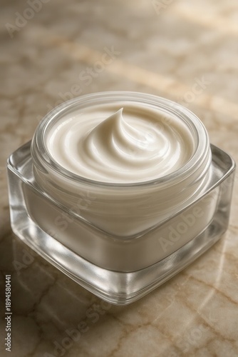 Minimal cosmetic jar with white cream, clean skincare product macro photography