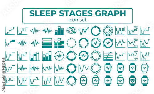 Sleep Stages Graph Hypnogram Deep Light REM Awake Cycles Architecture Analysis Monitoring Chart Wave Pattern Vector Icon Set - Sleep Analysis
