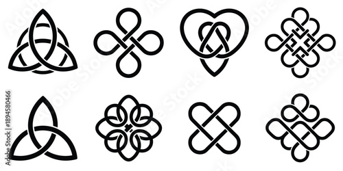 Endless Knot Symbol Set, Collection of Cultural Buddhism Symbols and Sacred Celtic Patterns with Intertwined Knots, Medieval Decorative Ornaments for Spiritual and Historical Design Use.