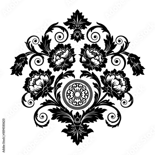 Intricate floral illustration featuring symmetric patterns, flowers, and leaves from a direct viewpoint