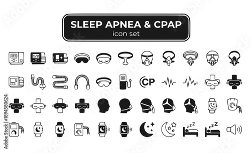 Sleep Apnea CPAP Machine Mask Breathing Device Therapy Treatment Continuous Airway Pressure Respiratory Medical Equipment Vector Icon Set - CPAP Therapy