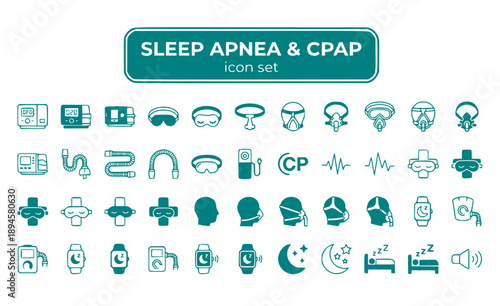 Sleep Apnea CPAP Machine Mask Breathing Device Therapy Treatment Continuous Airway Pressure Respiratory Medical Equipment Vector Icon Set - CPAP Therapy
