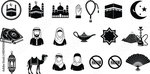 Islamic Religious Icon Set Featuring Kaaba Mosque Ramadan Lantern Muslim Characters Camel and Haram Prohibited Signs in Solid Black Silhouette Style