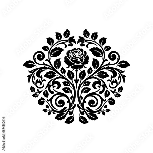 A black rose illustration with swirling leaves and vines in a circular pattern viewed from directly above