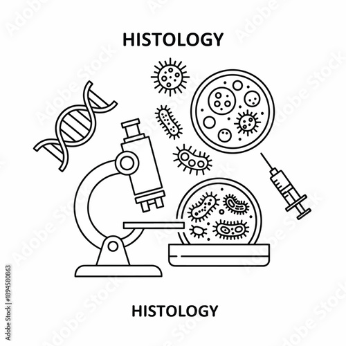 Microscope and scientific elements illustrating cell study and genetic research with medical instruments and microorganisms for biological exploration