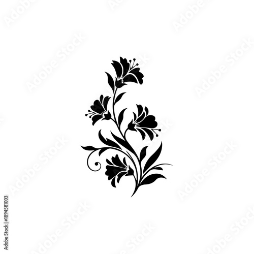 Elegant floral illustration featuring black flowers and leaves on a stem from a close-up front view