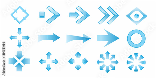 Collection of blue arrow icons in various shapes and directions displayed