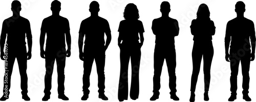 Diverse group of people silhouettes standing in a row on a clean white background