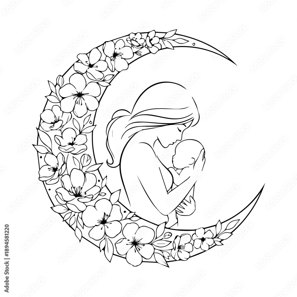 Obraz premium Serene Mother Embracing Baby within Floral Crescent Moon Illustration