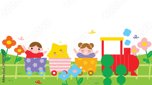 Kids train vector background with cute children, toy locomotive, garden flowers and copyspace. Playful illustration design for posters, invitations and classroom decor.