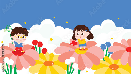 Kids flower field vector background with children characters, big blossoms, clouds and bright sky. Cheerful illustration design for posters, wall art and nursery decor.