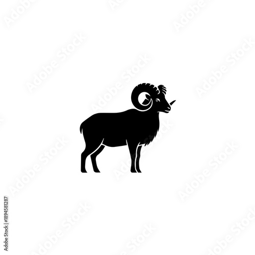 A black silhouette illustration of a ram standing proudly with curved horns in a minimalist style from a side viewpoint