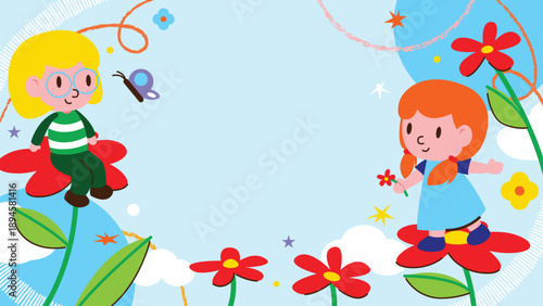Kids spring garden vector background with children characters on flowers, butterflies and clouds. Cute illustration design for posters, greeting cards and nursery decor.