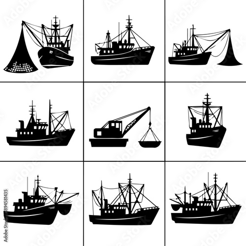 Fishing vessels and boats silhouetted against a white background, showcasing various maritime activities