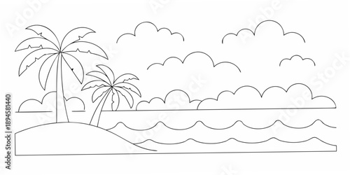 A simple black and white drawing of a tropical beach with palm trees