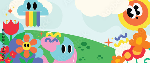 Kids rainbow cloud vector background with cute characters, flowers and green hill scenery. Playful illustration design for posters, nursery decor and education.