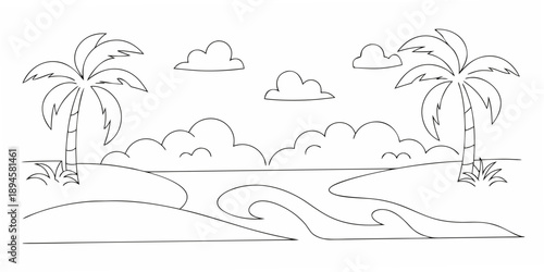 A simple line drawing of a tropical beach with palm trees and clouds