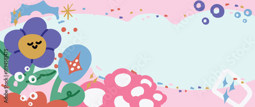 Kids pastel frame vector background with flowers, stars and cute shapes around copyspace. Soft illustration design for posters, invitations and banners.