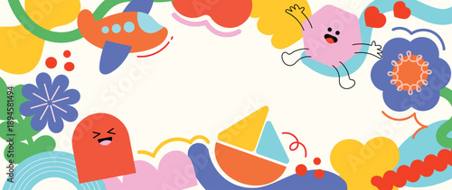 Kids summer fun vector background with boat, rainbow, flowers and cute characters around copyspace. Playful illustration design for posters, cards and classroom decor.