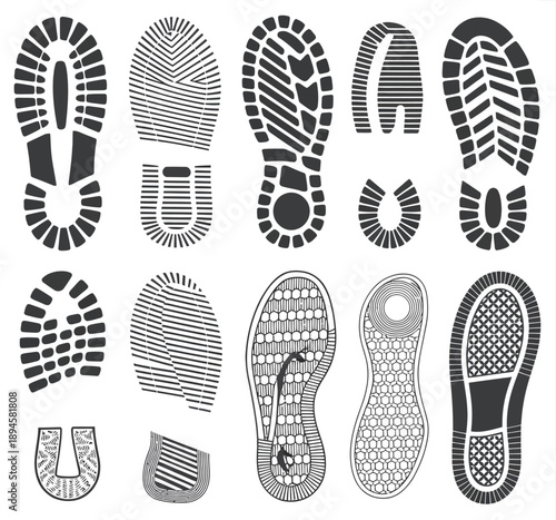 Footprints Human Shoes Silhouette Vector Set, Traces of Boots and Footwear Steps, Isolated Black Imprints for Tracking, Walking Path Design, and Graphic Illustration Use.