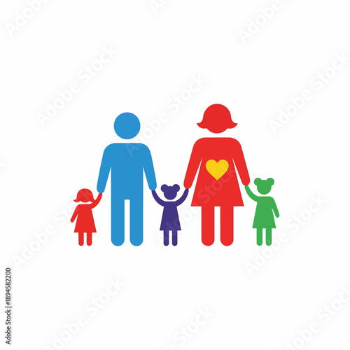 Stylized colorful figures represent a happy diverse family unit holding hands together symbolizing love and unity