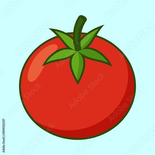 Single ripe red tomato with green stem and sepals on light blue