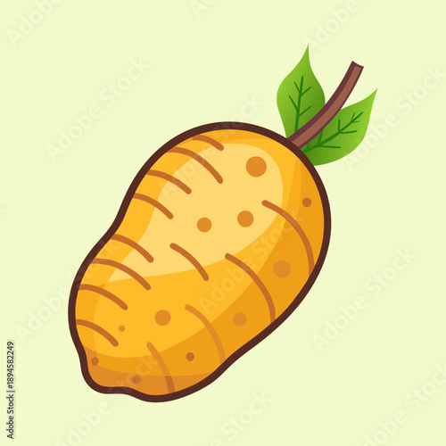 Cartoon illustration of a sweet potato with leaves on a light background