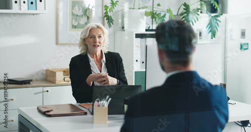 Tableau sur toile Discussion, job interview and business people in office with hiring, recruitment or contract