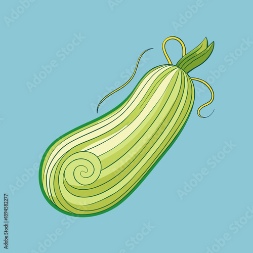 Whimsical Zucchini Illustration with Swirl and Tendrils on a Light Blue Backdrop